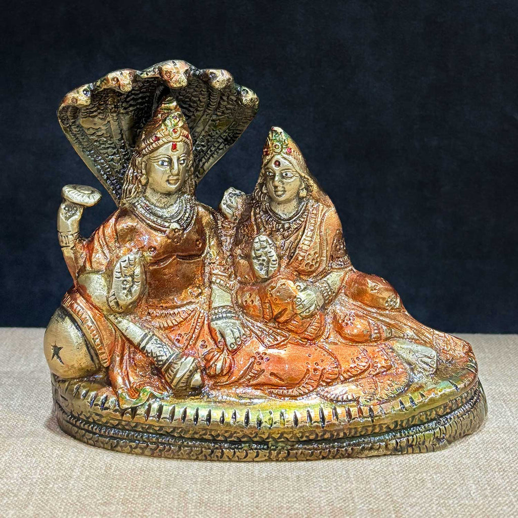 4.7 Inch Vishnu Ji Resting on Snake – Handcrafted Brass Statue Depicting Lord Vishnu on Sheshnag, Symbol of Protection, Balance, and Divine Energy for Home Temple Decor. No.1 Brass Idol Store www.satvikstore.in 
