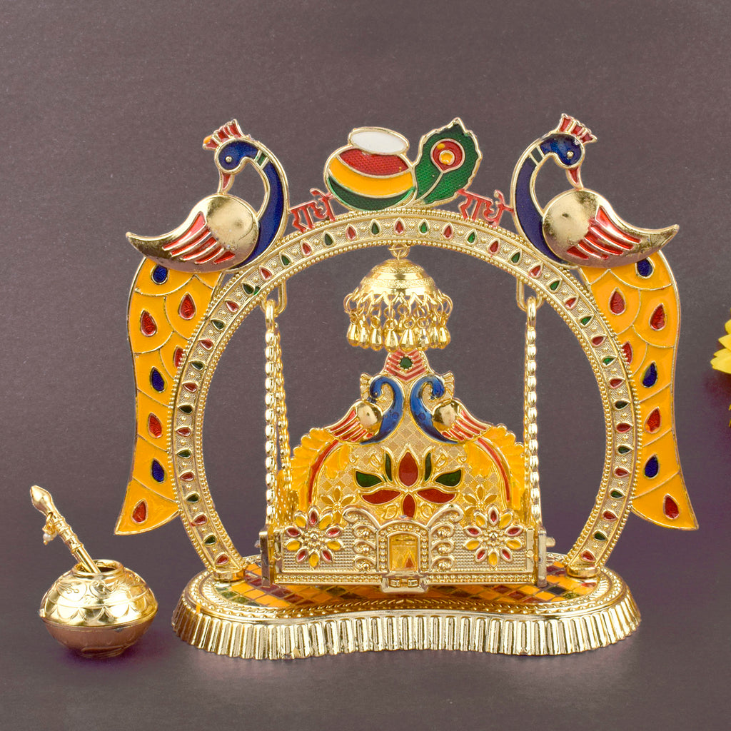 Bright and colorful Laddu Gopal Jhula with traditional design, ideal for Janmashtami celebrations and daily pooja of Bal Gopal idol. India’s Largest Pooja Accessories Brand – www.satvikstore.in