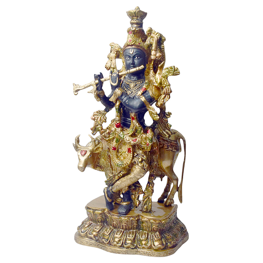 Large Brass Idol of 17 Inch Brass Krishna Statue with Cow. Enhance your space with the divine presence of this 17-inch Brass Krishna Statue with Cow. This beautifully crafted sculpture features Lord Krishna in a serene pose, accompanied by a cow, symbolizing the deep connection between the divine and nature.