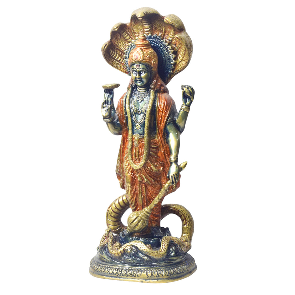  Large Brass Idol of 17 Inch Brass Vishnu Standing with Sheshanag. Bring divine protection and blessings into your home with this stunning 17-inch Brass Vishnu Standing with Sheshanag Idol. This intricately crafted statue features Lord Vishnu, the preserver of the universe, standing gracefully atop the Sheshanag (cosmic serpent). on www.satvikstore.in