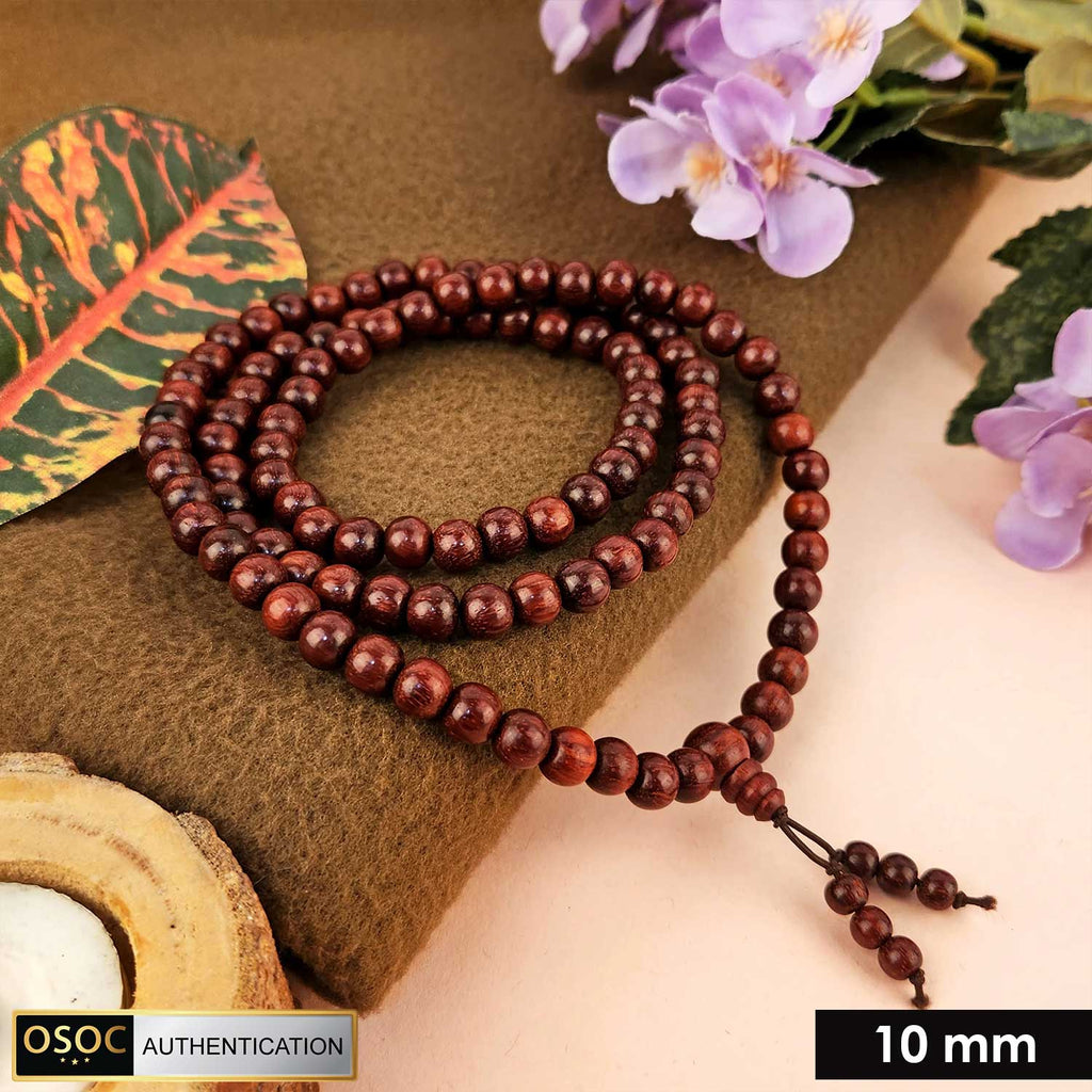 Certified 10mm 100% original authentic red sandalwood (Chandan) jap mala from Andhra Pradesh, with large round beads for meditation, chanting, and spiritual rituals. India’s Premium Jap Mala Store - www.satvikstore.in