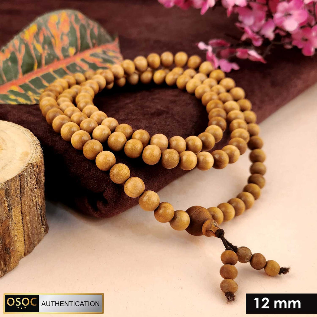 Certified 12mm 100% original authentic Mysore white sandalwood (Chandan) jap mala, handcrafted with large smooth beads for meditation, prayer, and spiritual rituals.India’s Premium Jap Mala Store - www.satvikstore.in