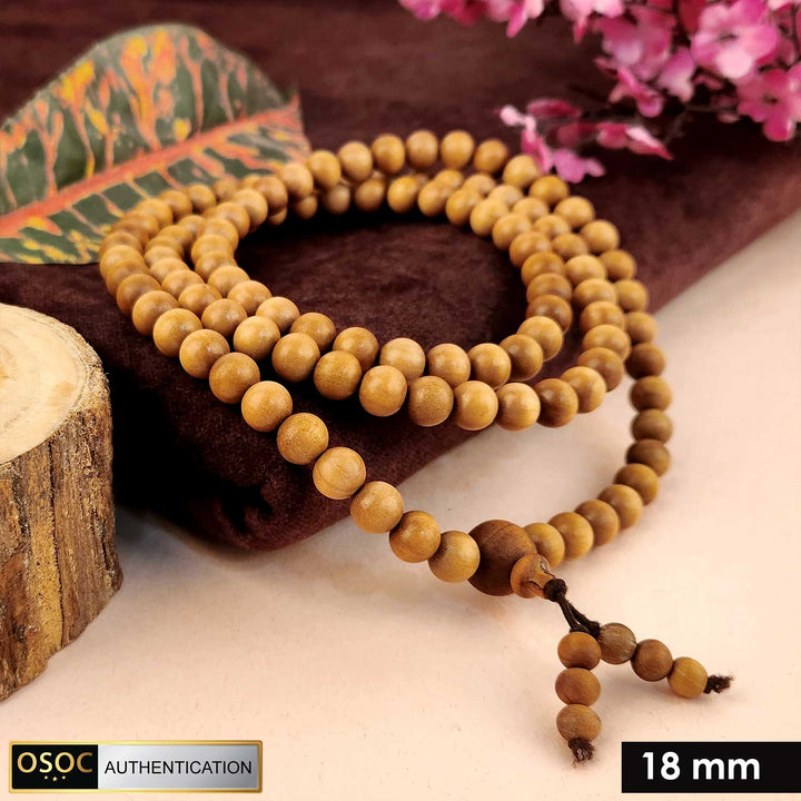Certified 18mm 100% original authentic Mysore white sandalwood (Chandan) jap mala, featuring extra-large, finely polished beads for meditation, chanting, and spiritual practices.India’s Premium Jap Mala Store - www.satvikstore.in