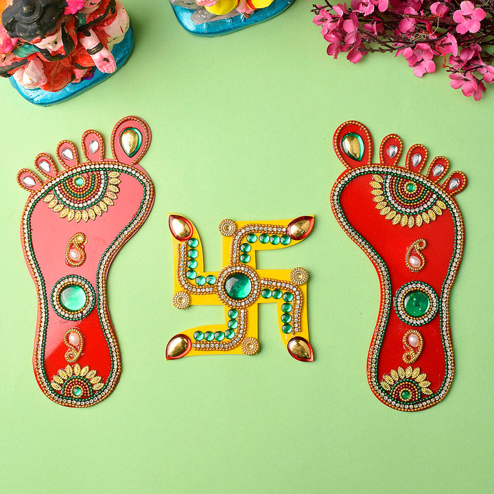 Harmony in Steps Charanpaduka with Swastik Wall Decals Duo featuring divine Laxmi footprints and sacred Swastik symbols, perfect for enhancing spiritual ambiance and auspicious home entrances. India’s Largest Pooja Accessories Brand – www.satvikstore.in 