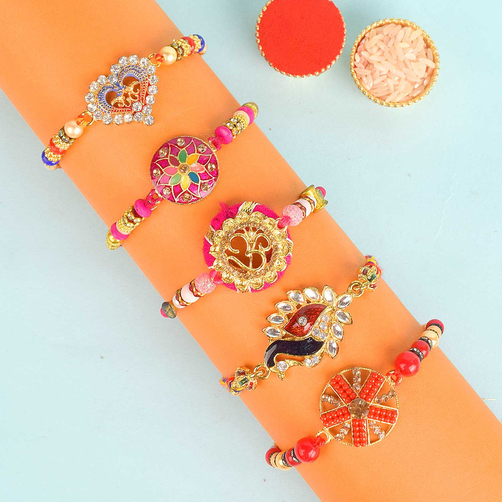 Set of 5 Designer Rakhi Threads with Roli Chawal and Ram Sita Stickers for Raksha Bandhan Celebration. India’s Largest Pooja Accessories Brand - www.satvikstore.in