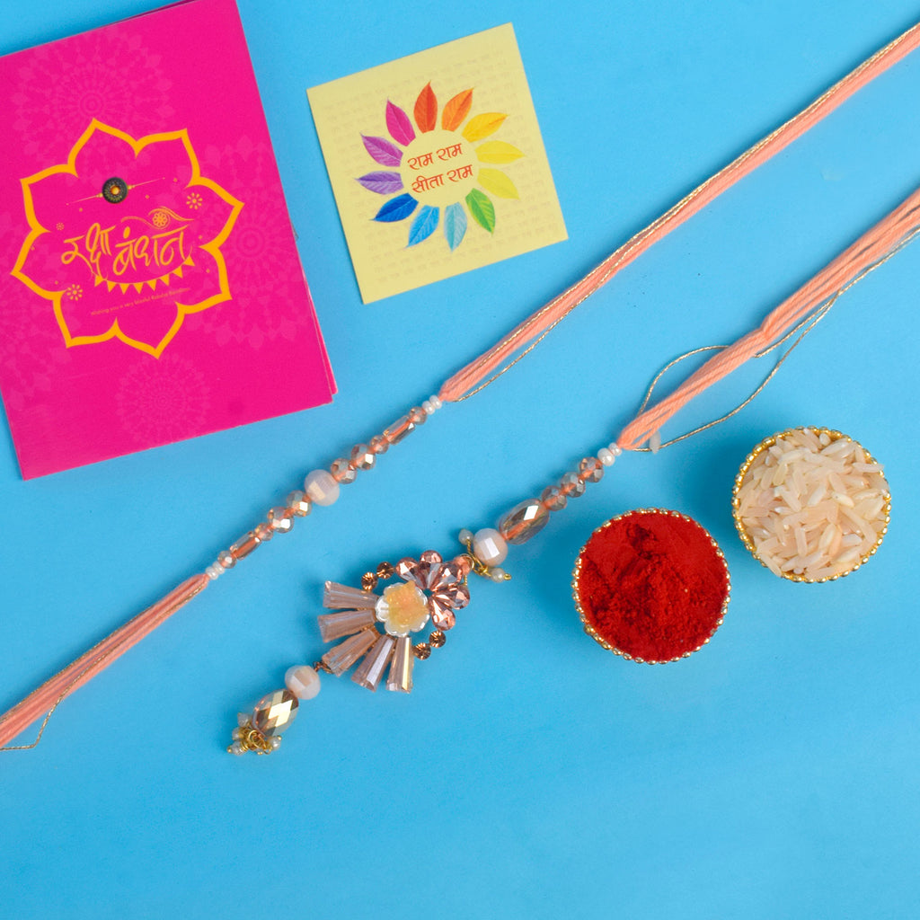 Designer Couple Rakhi Set for Bhaiya and Bhabhi with Roli Chawal and Ram Sita Stickers – Raksha Bandhan Gift Combo. India’s Largest Brass Idols Brand - www.satvikstore.in