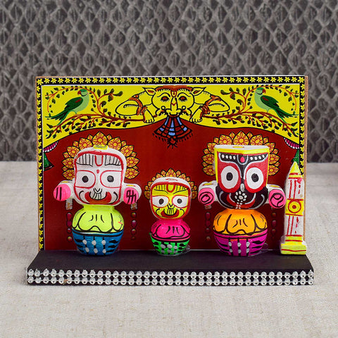 Handcrafted and painted wooden Lord Jagannath idol for car dashboard – traditional Pattachitra-style murti for protection, devotion, and spiritual harmony. India’s Largest Pooja Accessories Brand - www.satvikstore.in
