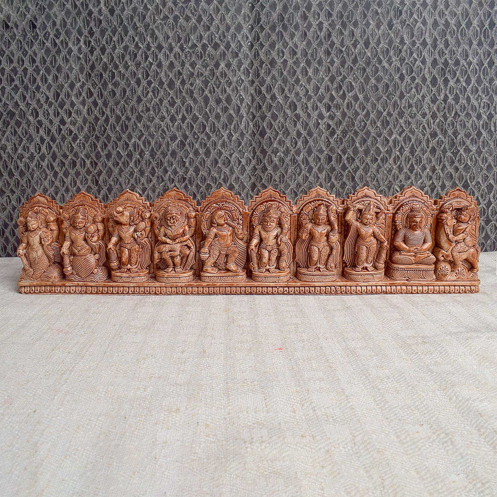 Handcrafted wooden Dasavatharam wall decor featuring the ten avatars of Lord Vishnu, intricately carved and painted, ideal for spiritual and aesthetic home decoration. India’s Largest Pooja Accessories Brand - www.satvikstore.in
