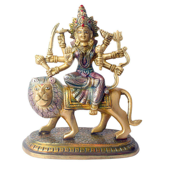  Embrace the powerful energy of Maa Durga with this 8.5-inch Brass 8-Armed Durga Idol, beautifully depicted riding her mighty lion. This meticulously crafted statue showcases Maa Durga in her most majestic form, symbolizing strength, courage, and divine protection. 