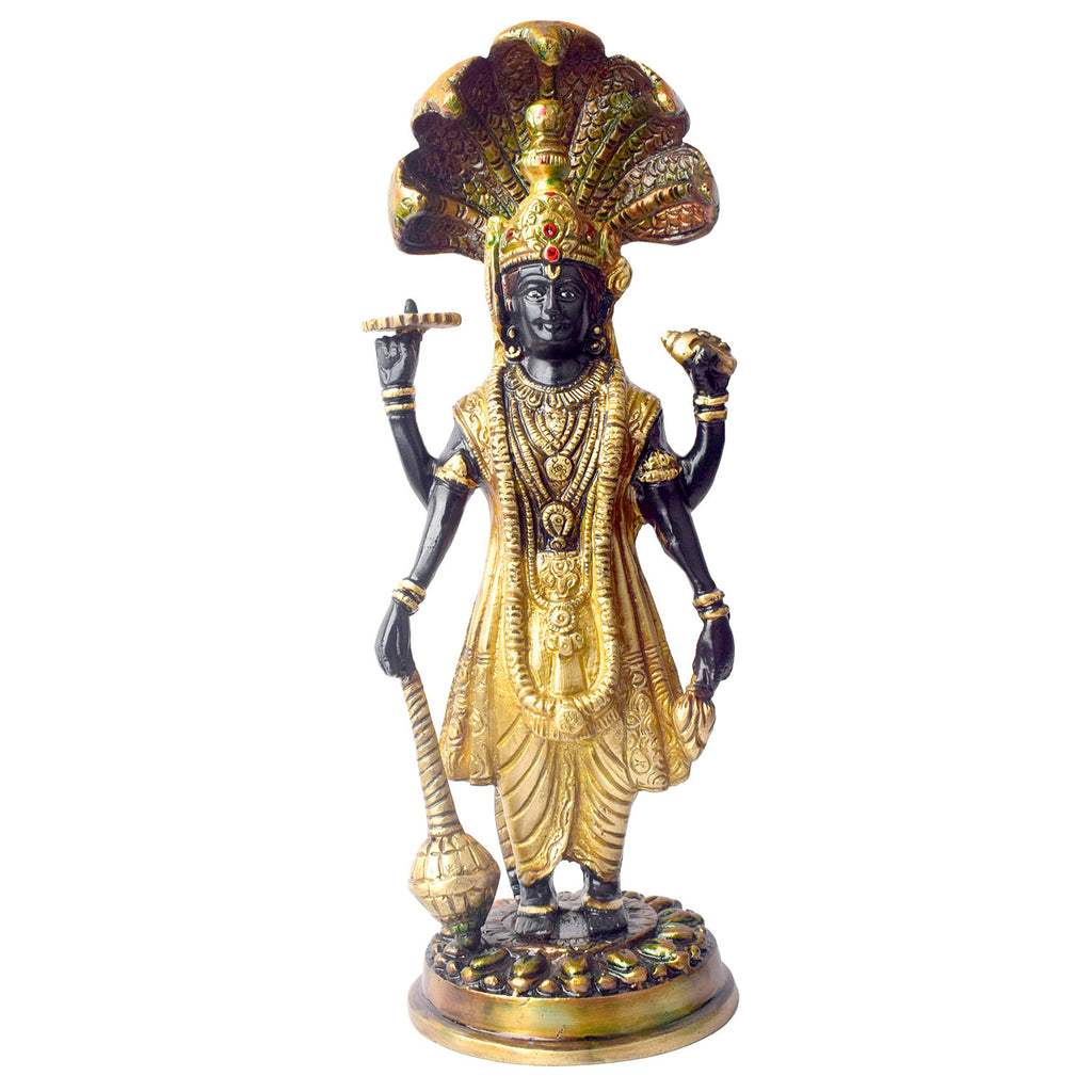  This elegant brass statue of Lord Vishnu seated on the mighty Seshnag is a powerful symbol of divine protection, balance, and cosmic order. The intricate craftsmanship beautifully depicts Lord Vishnu in his serene and majestic form, with the multi-headed Seshnag providing a protective canopy. 