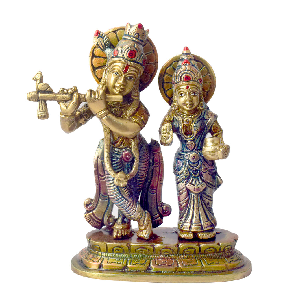 The 6.7 Inch Sacred Radha Krishna Idol – Embrace of Love and Devotion beautifully captures the divine bond between Radha and Krishna, symbolizing pure love and unwavering devotion. This intricately designed idol portrays the eternal couple in a graceful embrace, with Krishna holding his flute and Radha by his side, radiating serenity and spiritual harmony.