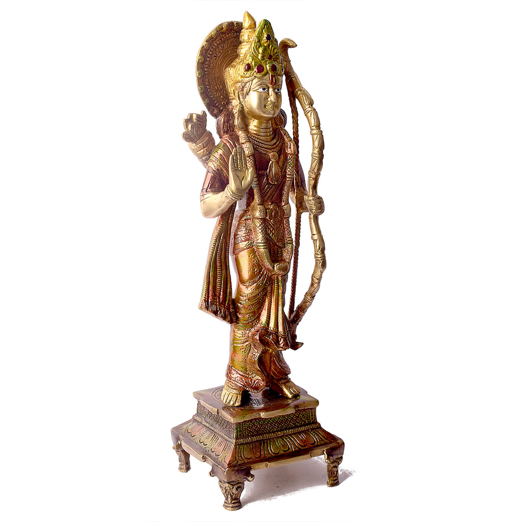 This Opulent Brass Colorful Ram Statue with Bow is a stunning representation of strength, grace, and devotion. Expertly crafted from high-quality brass and adorned with vibrant colors, the statue beautifully depicts Lord Ram in an active pose with his bow, symbolizing courage and righteousness.