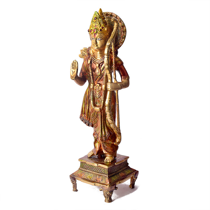 This Opulent Brass Colorful Ram Statue with Bow is a stunning representation of strength, grace, and devotion. Expertly crafted from high-quality brass and adorned with vibrant colors, the statue beautifully depicts Lord Ram in an active pose with his bow, symbolizing courage and righteousness.