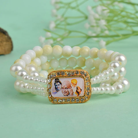 Yellow & White Marble with White Pearl Four Layer Guruji Swaroop Bracelet