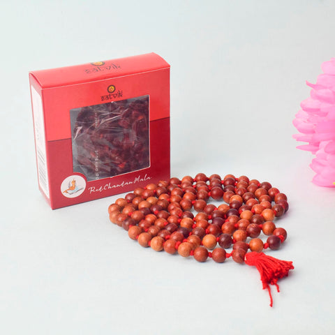 Regular Red Sandalwood (Chandan Lal) Jap Mala with natural aromatic beads, perfect for daily prayer, chanting, and meditation practices. India’s Premium Jap Mala Store- www.satvikstore.in
