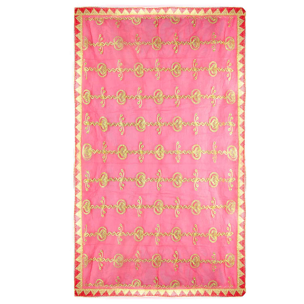 Premium Mata Ki Chunri with golden embroidered vertical patterns featuring traditional floral and swirl designs. This Chunri measures 216 cm (85 inches) in length and 100 cm (39 inches) in height, making it ideal for Devi Puja, temple offerings, and festive celebrations like Navratri and Durga Puja. The rich golden border enhances its elegance and sacred significance.

Shop Big Size Mata Ki Chunri, Devi Chunri for Puja, and more at Satvik Store. A perfect offering for temple rituals and religious ceremonies