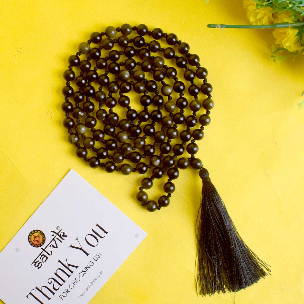 108 Beads Golden Obsidian Hakik Mala – A protective and grounding mala for spiritual strength, healing, and meditation. India’s Premium Hakik Jap Mala Store - www.satvikstore.in

