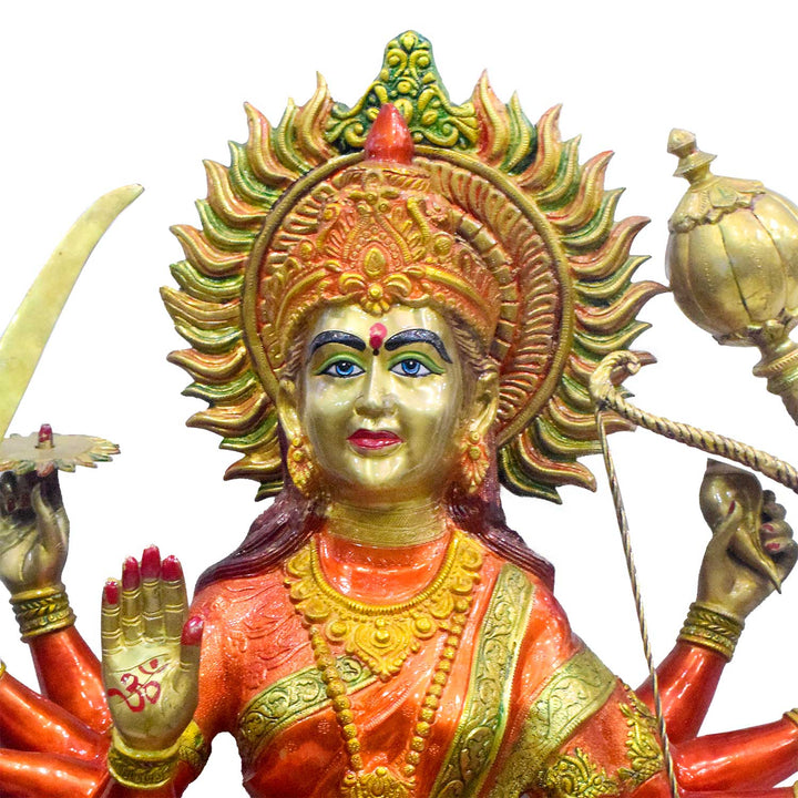 Handcrafted large brass statue of Goddess Durga riding her lion, holding multiple weapons including a trident, sword, and bow, glossy finish, weight 182000 grams (182 kg), height 149 cm (approximately 58.66 inches), length 125 cm (approximately 49.21 inches). Best for VIP Gift, best for big premium gift, best for your temple. India's Large Puja Accessories Brand - Satvikstore.in