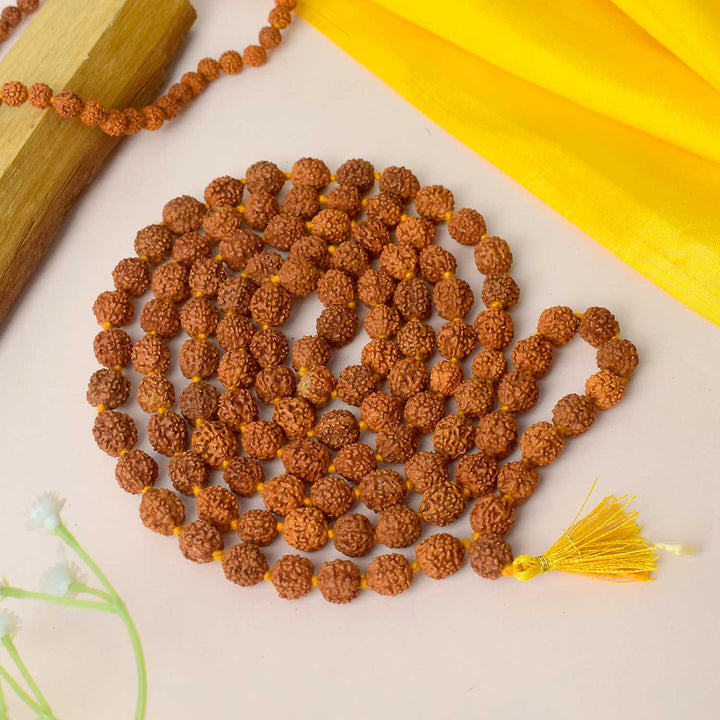 Certified brown Rudraksha mala made of natural sacred beads, used for meditation and spiritual healing. India’s Premium Rudraksha Jap Mala Store- www.satvikstore.in