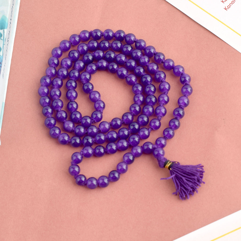 Premium Hakik Jap Mala with Purple Amethyst Beads – A Spiritual Meditation Mala for Intuition, Protection, and Emotional Healing. India’s Premium Hakik Jap Mala Store - www.satvikstore.in
