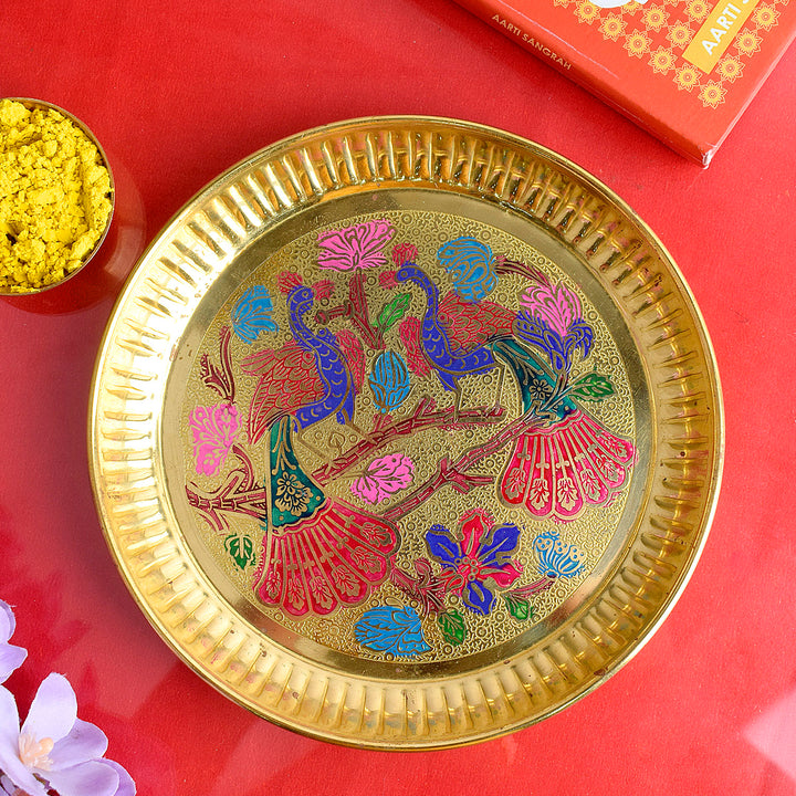 Shop elegant Decorative Brass Peacock Thali with intricate design, ideal for pooja rituals, festive décor, and spiritual gifting. A perfect addition to your temple or home mandir | Satvikstore.in