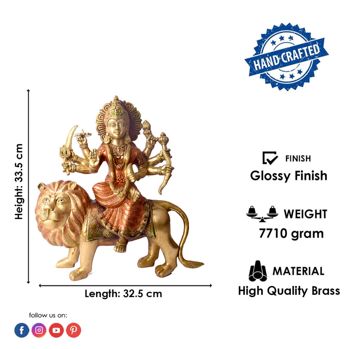  Large Brass Idol of Sherawali Mata Statue Stunning Sherawali Mata Statue – Divine Brass Idol of Goddess Durga, Symbolizing Strength & Protection, Perfect for Home, Temple, and Festive Decor.