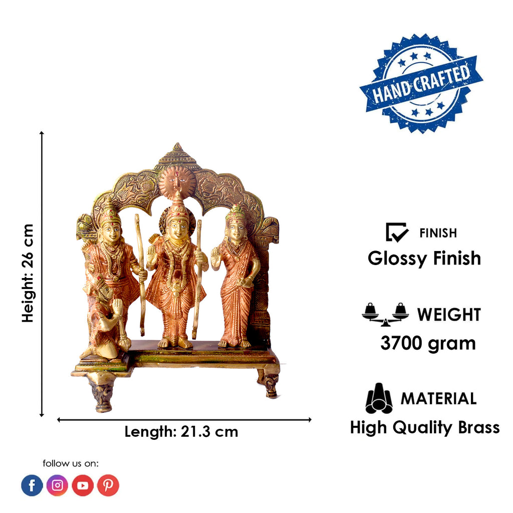 Large Brass Idol of 10.2 Inch Elegant Brass Ram Darbar Murti. Bring divine grace and positivity into your home with this beautifully crafted Brass Small Ram Darbar Idol, featuring Lord Rama, Sita, Lakshman, and Hanuman. Symbolizing love, devotion, and protection, this intricately detailed idol is perfect for enhancing your home temple, Pooja room, or spiritual décor. 