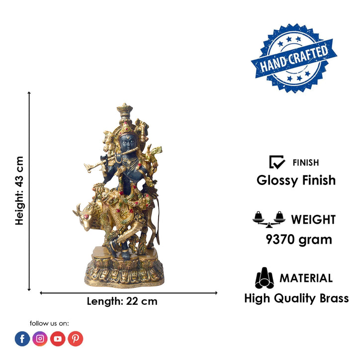 Large Brass Idol of 17 Inch Brass Krishna Statue with Cow. Enhance your space with the divine presence of this 17-inch Brass Krishna Statue with Cow. This beautifully crafted sculpture features Lord Krishna in a serene pose, accompanied by a cow, symbolizing the deep connection between the divine and nature.