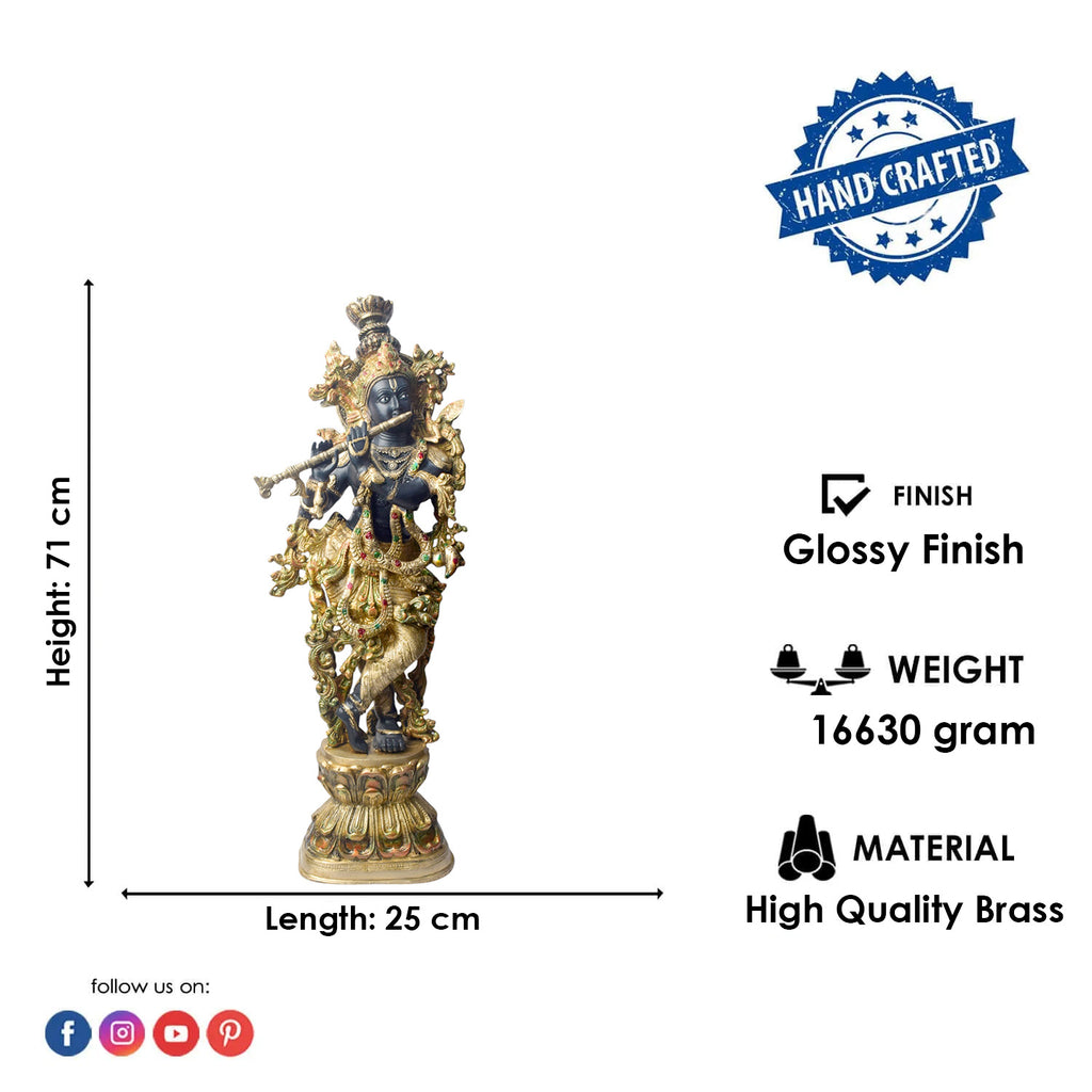   Large Brass Idol of 28 Inch Brass Krishna Sculpture with Artistic Detailing. Elevate your space with the majestic 28-inch Brass Krishna Sculpture, designed with exquisite artistic detailing. This grand piece beautifully depicts Lord Krishna in a graceful and serene posture, showcasing intricate craftsmanship that highlights every delicate feature. 