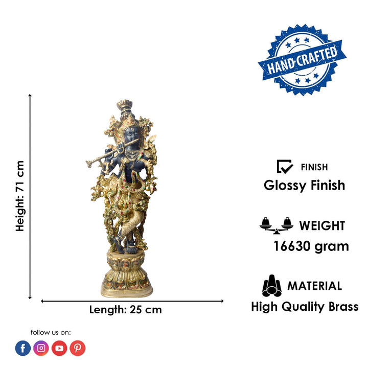   Large Brass Idol of 28 Inch Brass Krishna Sculpture with Artistic Detailing. Elevate your space with the majestic 28-inch Brass Krishna Sculpture, designed with exquisite artistic detailing. This grand piece beautifully depicts Lord Krishna in a graceful and serene posture, showcasing intricate craftsmanship that highlights every delicate feature. 