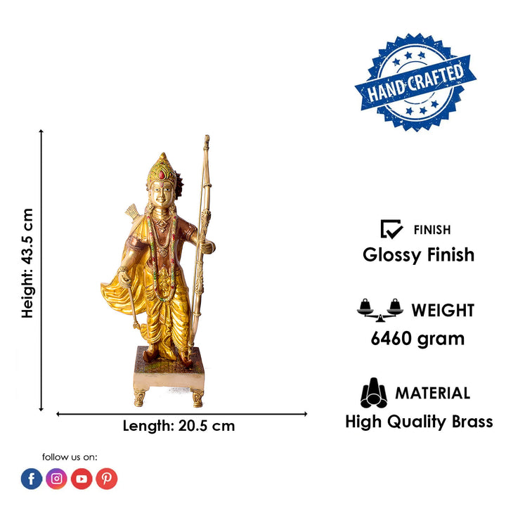 Enhance your décor with this Exquisite Brass Ram Statue, showcasing Lord Ram in a striking pose with a vibrant bow. Intricately crafted and adorned with colorful detailing, this statue embodies grace, strength, and devotion.