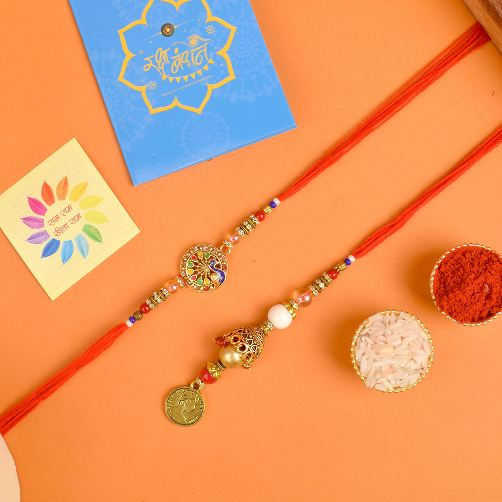 Designer Couple Rakhi Set for Bhaiya and Bhabhi with Roli Chawal and Ram Sita Stickers – Raksha Bandhan Gift Combo. India’s Largest Brass Idols Brand - www.satvikstore.in