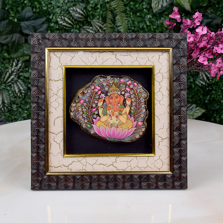 Divine Agate Ganesha Wooden Photo Frame showcasing a beautifully carved Ganesha idol made from natural agate stone, set in an elegant wooden frame, perfect for spiritual home decor and gifting. India’s Largest Pooja Accessories Brand – www.satvikstore.in