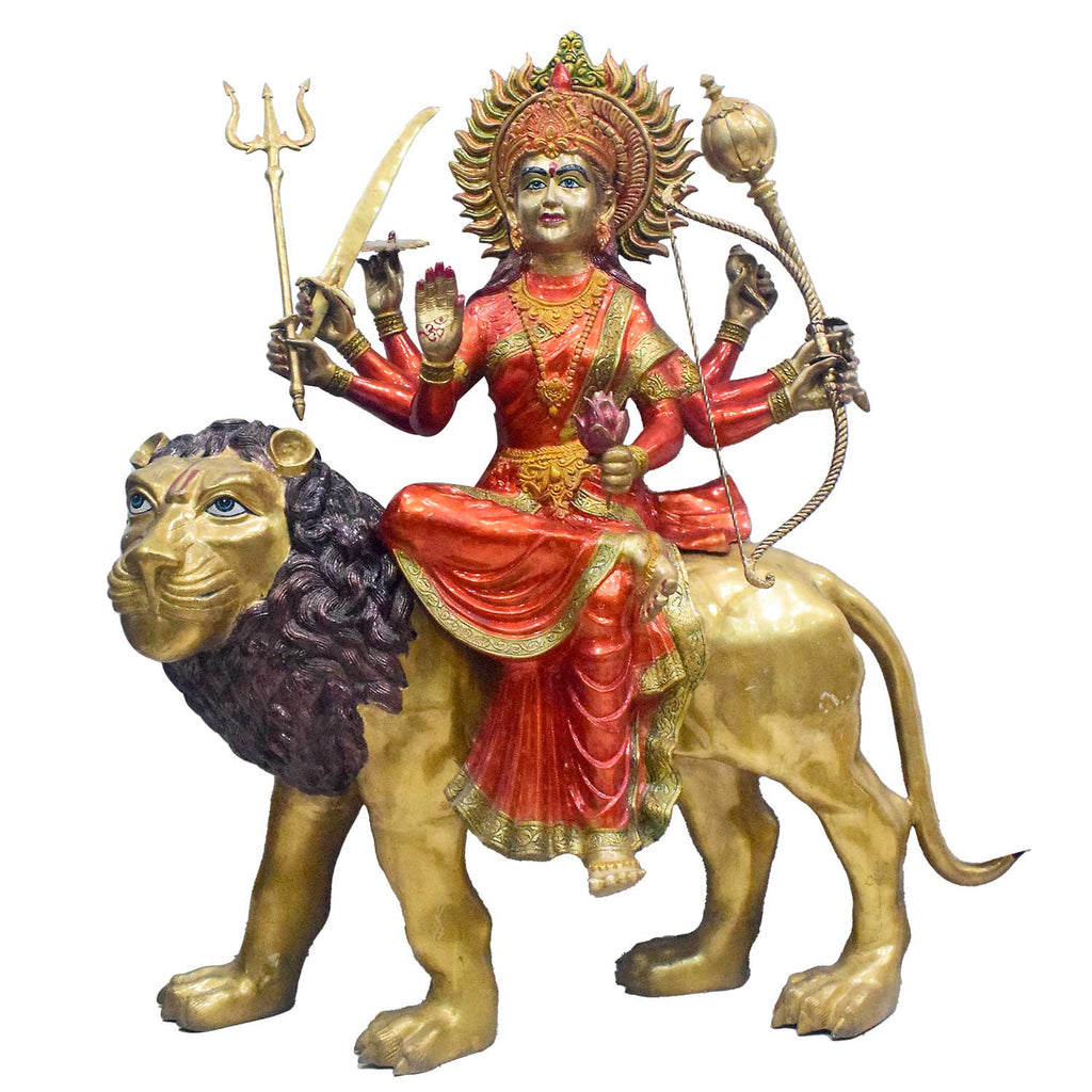 58 Inch Divine Brass Goddess Durga on Lion – Majestic Idol Symbolizing Power, Protection, and Victory for Temple or Grand Spiritual Decor. India's Largest Puja Accessories Brand - Satvik No. 1 Brass Idol Collection 

