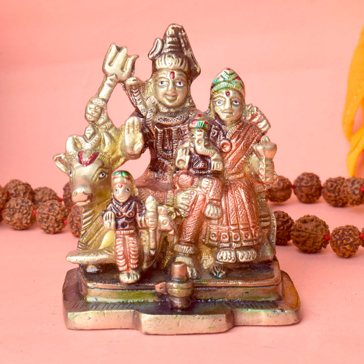 4 Inch Brass Shiv Parivaar Statue depicting Lord Shiva with Parvati, Ganesha, and Kartikeya in exquisite detail — ideal for home temple and spiritual décor. No.1 Brass Idol Store www.satvikstore.in 