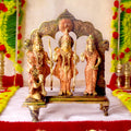 Brass Idol of 10.2 Inch Elegant Brass Ram Darbar Murti. Bring divine grace and positivity into your home with this beautifully crafted Brass Small Ram Darbar Idol, featuring Lord Rama, Sita, Lakshman, and Hanuman. Symbolizing love, devotion, and protection, this intricately detailed idol is perfect for enhancing your home temple, Pooja room, or spiritual décor. India's Largest Puja Accessories Brand - Satvik
