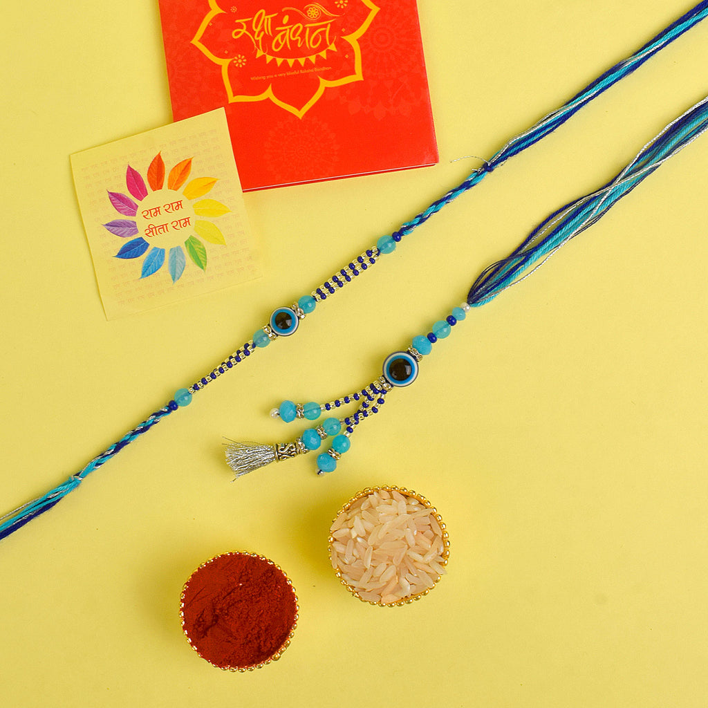 Designer Couple Rakhi Set for Bhaiya and Bhabhi with Roli Chawal and Ram Sita Stickers – Raksha Bandhan Gift Combo. India’s Largest Brass Idols Brand - www.satvikstore.in