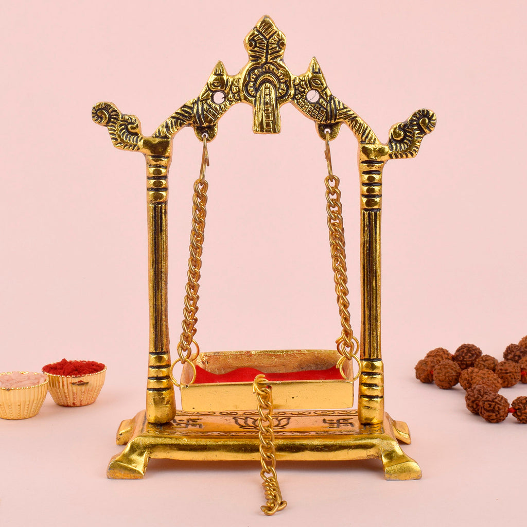 Elegant metal Laddu Gopal Jhula designed for Janmashtami celebrations, featuring intricate detailing and a traditional swing structure for pooja and home mandir décor. India’s Largest Pooja Accessories Brand – www.satvikstore.in