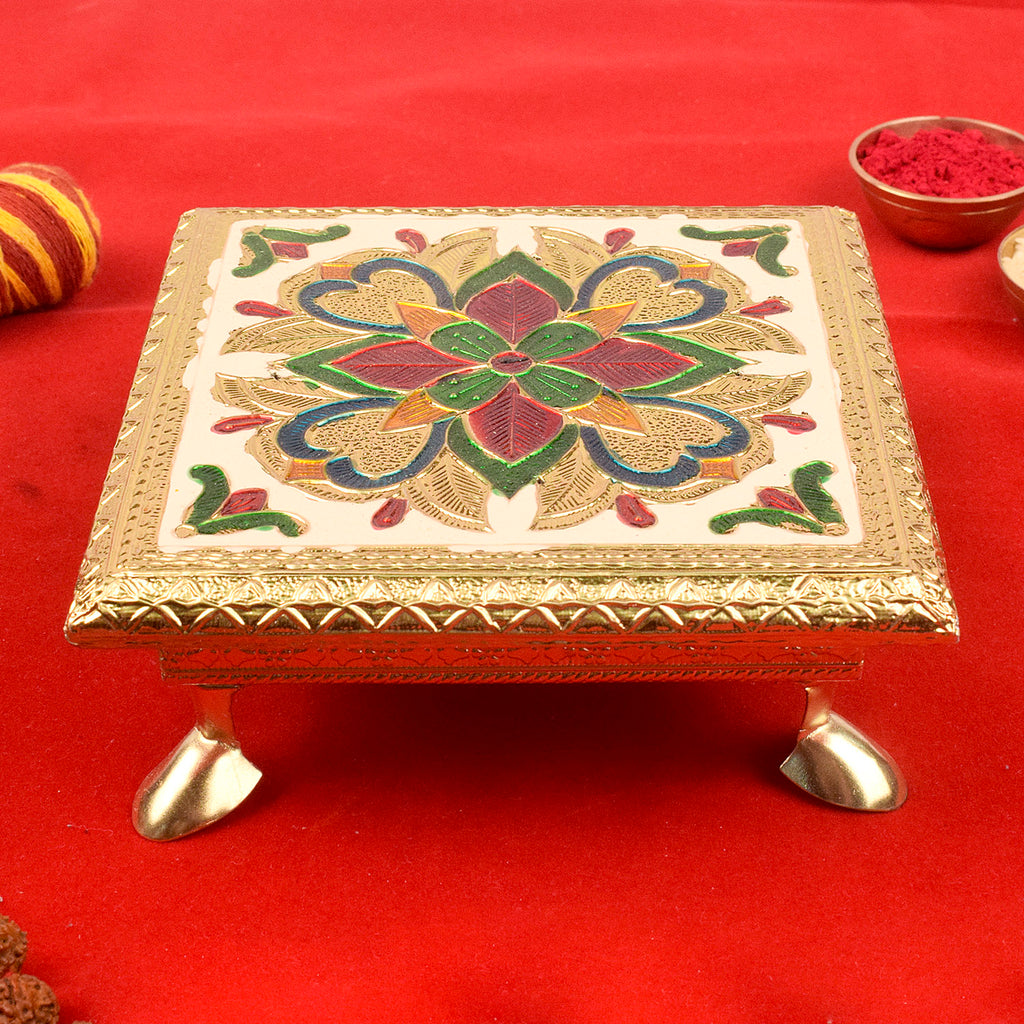 Elegantly crafted wooden chowki with beautiful Meenakari work and floral designs for pooja and home décor. India’s Largest Pooja Accessories Brand – www.satvikstore.in
 