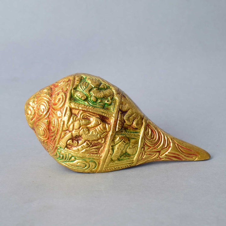 2.1 Inch Engraved Brass Shankh with intricate carvings, symbolizing prosperity and auspiciousness – perfect for pooja, temple rituals, and spiritual décor No.1 Brass Idol Store www.satvikstore.in 