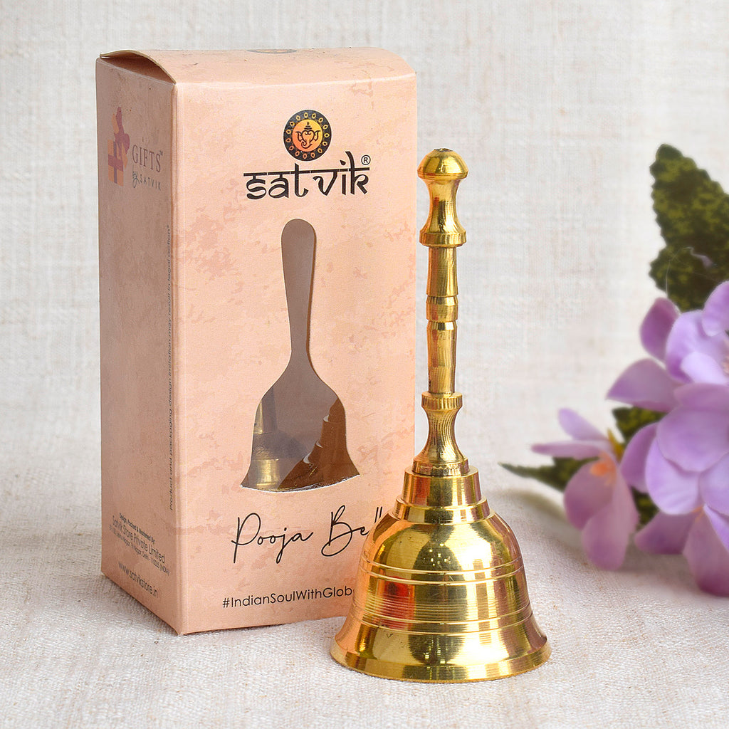 Exquisite Brass Pooja Bell (Ghanti) crafted for spiritual rituals, ideal for temples and home mandirs to enhance divine ambiance during aarti and prayer. India’s Largest Pooja Accessories Brand – www.satvikstore.in

