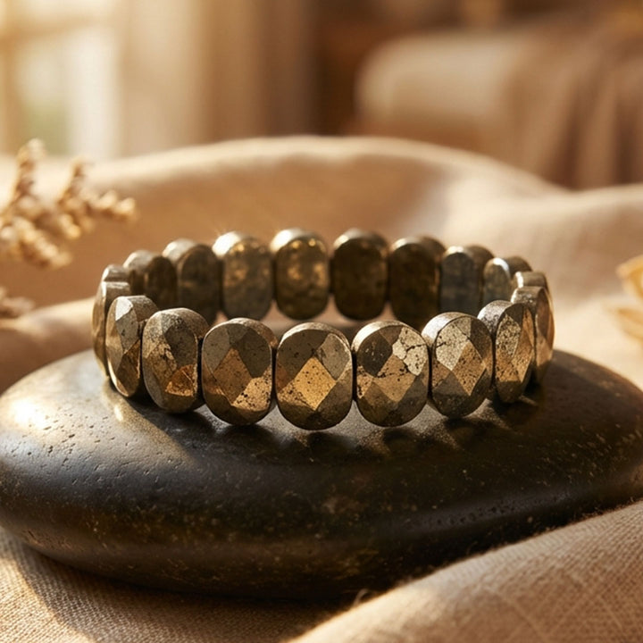 Flat beaded pyrite healing stone bracelet with 8mm natural beads. India’s Largest Pooja Accessories Brand - www.satvikstore.in