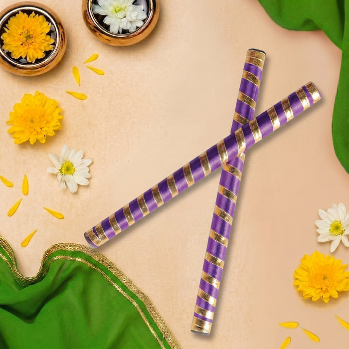 Handcrafted Purple & Gold Silk Ribbon Wrapped Wooden Dandiya Sticks