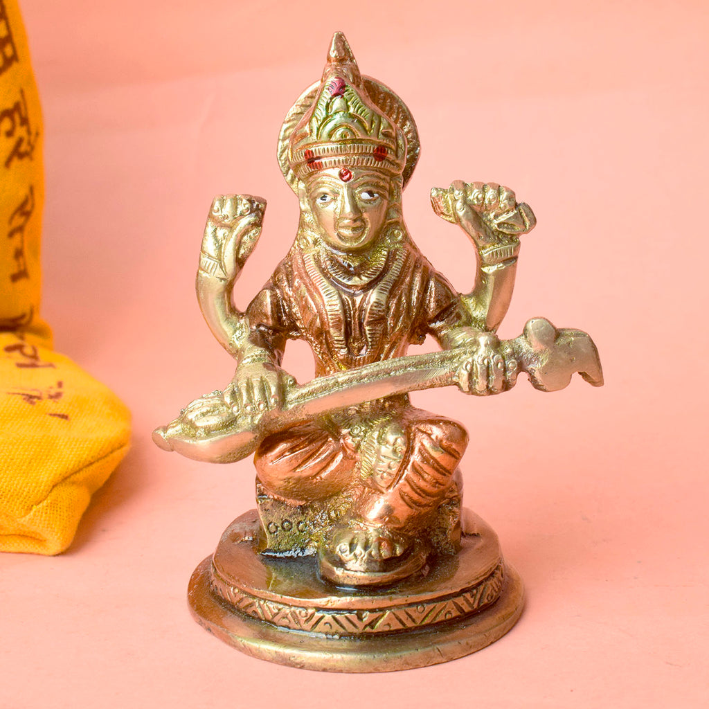 3.7 Inch Elegant Goddess Saraswati Brass Statue – Symbol of Wisdom and Arts for Home Temple & Study Area Décor. No.1 Brass Idol Store www.satvikstore.in 