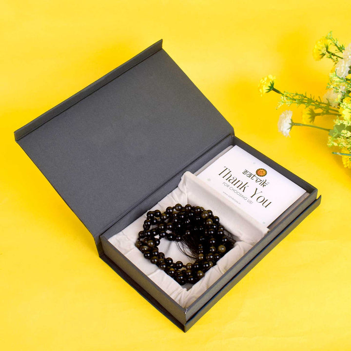 Golden Obsidian Hakik Mala with 108 Beads – Powerful Mala for Protection, Clarity, and Inner Strength India’s Premium Hakik Jap Mala store - www.satvikstore.in