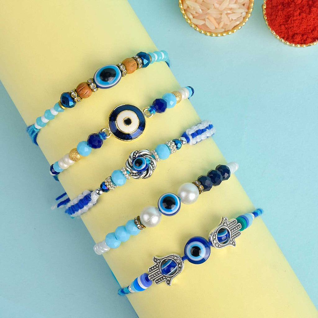 Set of 5 Designer Rakhi Threads with Roli Chawal and Ram Sita Stickers for Raksha Bandhan Celebration. India’s Largest Pooja Accessories Brand - www.satvikstore.in