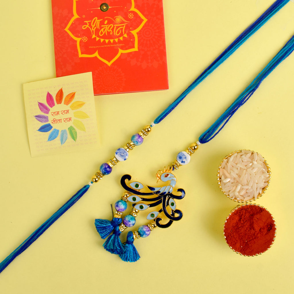 Designer Couple Rakhi Set for Bhaiya and Bhabhi with Roli Chawal and Ram Sita Stickers – Raksha Bandhan Gift Combo. India’s Largest Brass Idols Brand - www.satvikstore.in