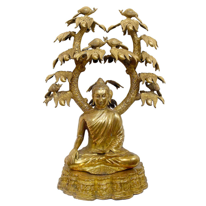 Handcrafted brass statue of Buddha seated in meditation under a tree with turtles and birds. Best for VIP Gift, best for big premium gift, best for your meditation space, symbol of peace and enlightenment. India's Largest Puja Accessories Brand - Satvik No. 1 Brass Idol Collection  