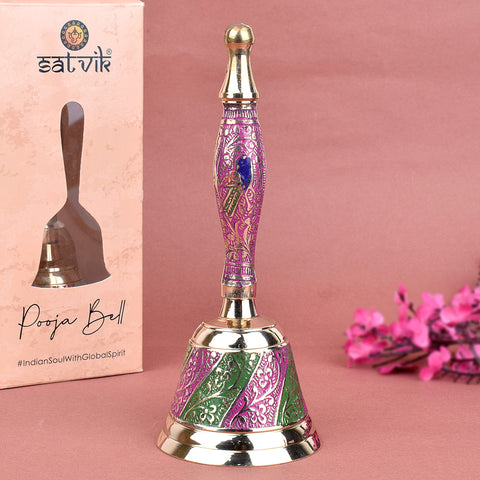 Handcrafted pink and green brass puja bell designed for traditional Hindu rituals and aarti, featuring intricate detailing and vibrant colors. India’s Largest Pooja Accessories Brand – www.satvikstore.in
