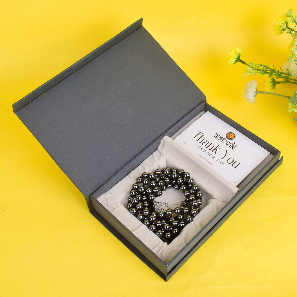 Hematite 108 Beads Hakik Mala – Shiny Metallic Prayer Beads for Grounding, Protection, and Spiritual Focus in Meditation. India’s Premium Hakik Jap Mala Store-www.satvikstore.in